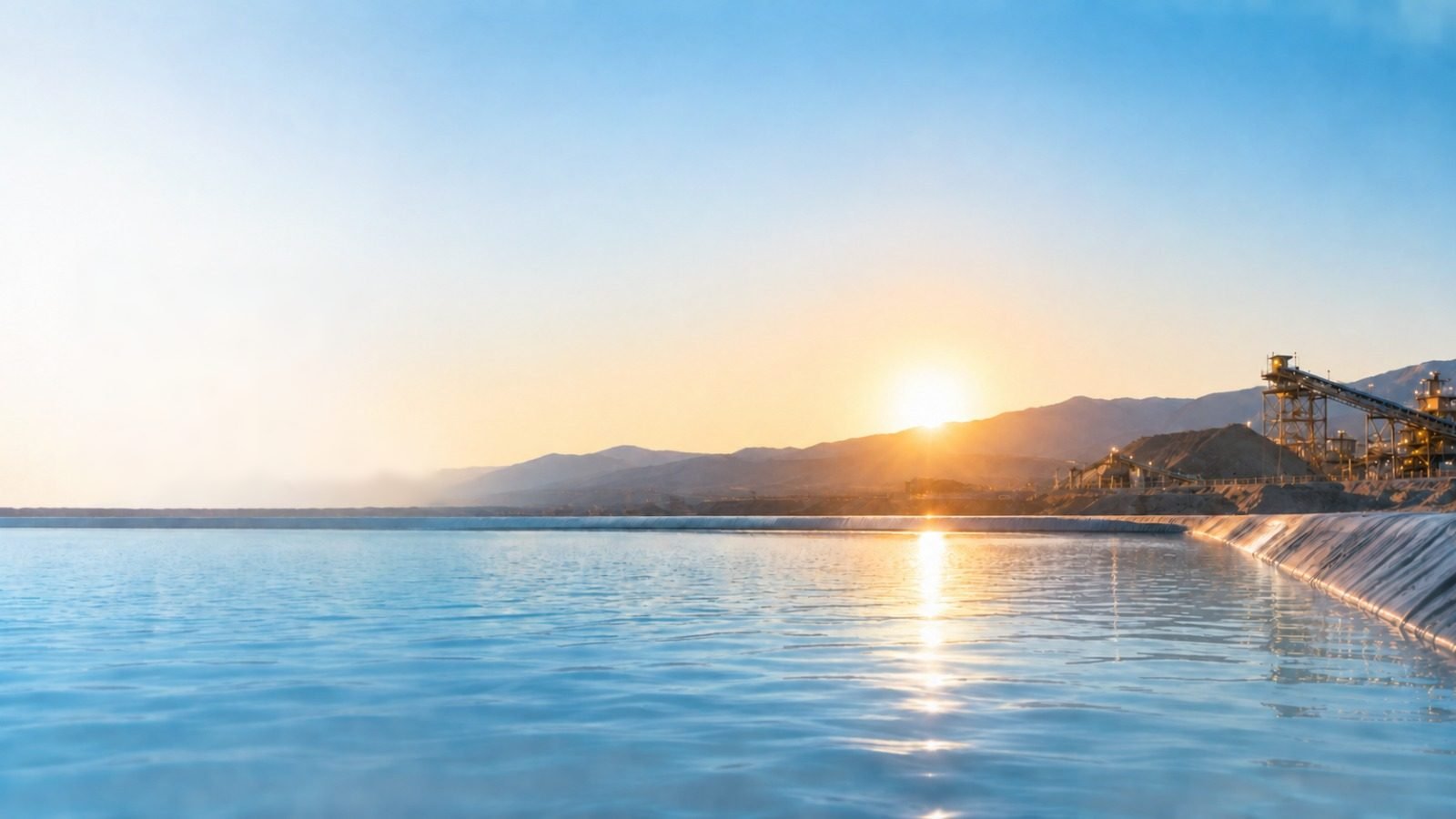 Industrial water recovery pond at sunrise, with a mining processing plant and mountains in the background